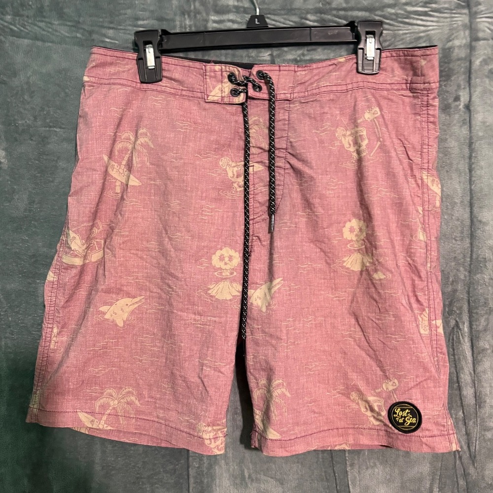 Lost At Sea Shorts Mens 32 Red Swim Trunks Board